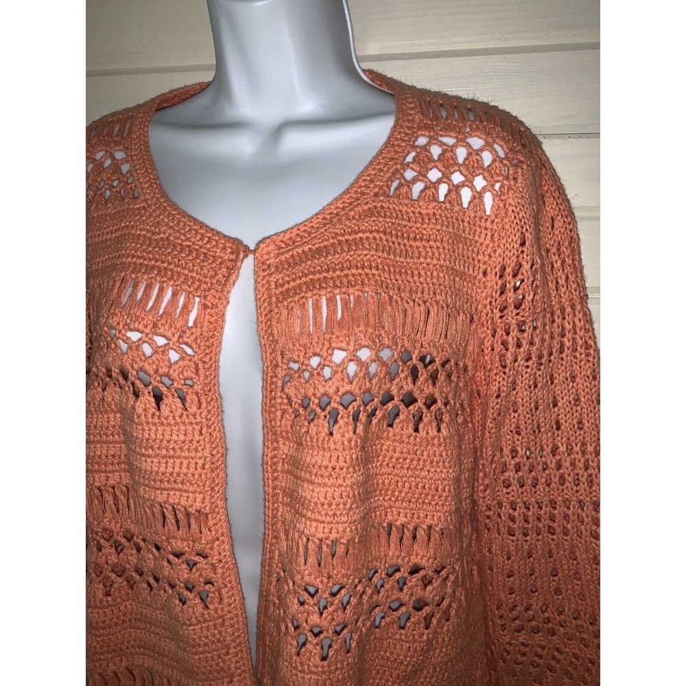 Chico's Sz 2 (LARGE) Knitted Peach Orange Coral Sweater Cardigan Open Knit VGUC